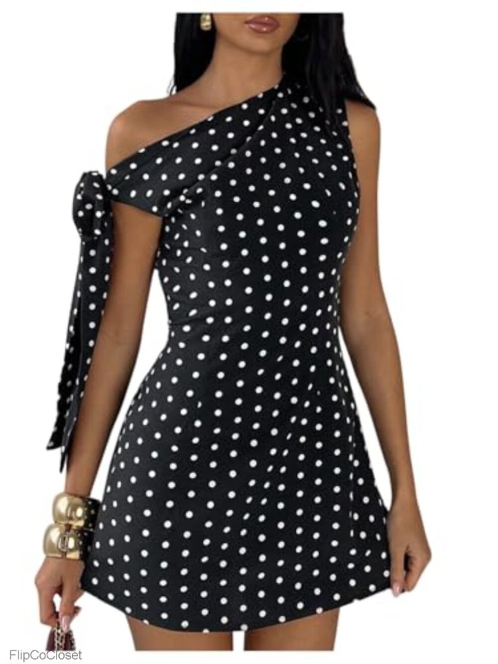 Off Shoulder Polka Dot A-Line Mini Dress with Tie Side Sleeveless Flowy Casual